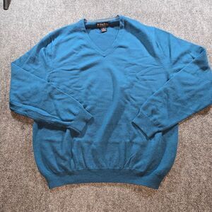 Brooks Brothers XL Merino Wool Blend Sweater Blue V Neck Lightweight
